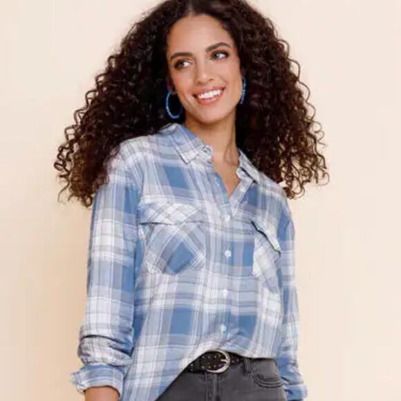 Francesca's - Isabel Plaid Button Down Top Long Sleeve - Large - Picture 1 of 6